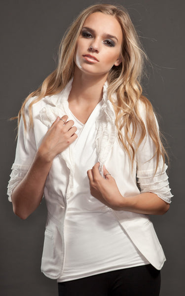 white ruffled jacket l'une collection
